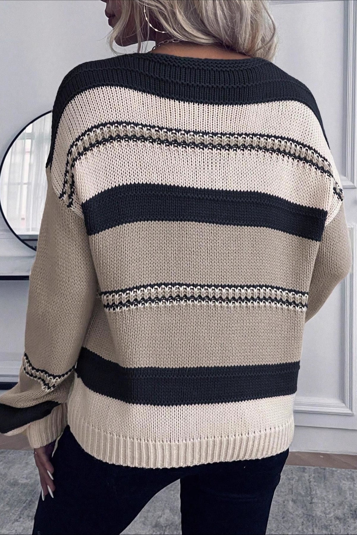 Wide Stripe V Neck Relaxed Sweater - Image 3