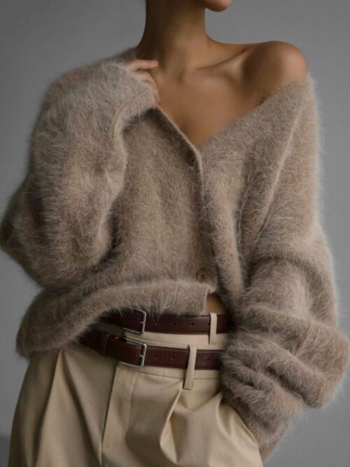 Plush V Neck Relaxed Button Knit Cardigan