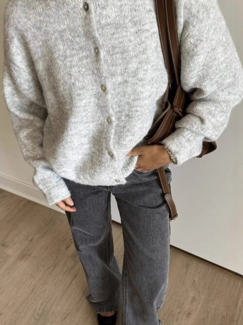 Textured Crew Neck Button Up Knit Cardigan