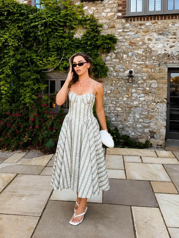 Cottagecore Striped Floral Midi Dress - Image 3