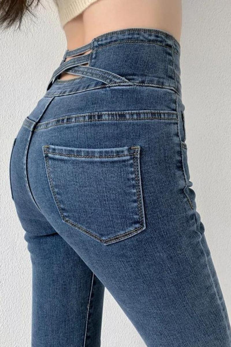 Cut Out Cross Waistband Skinny Jeans - Image 6