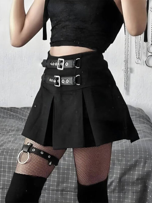 Goth Buckle Pleated Mini Skirt
