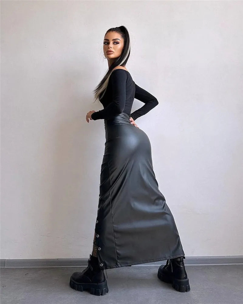 Lace-Up Faux Leather Midi Skirt - Image 5