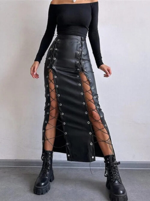 Lace-Up Faux Leather Midi Skirt