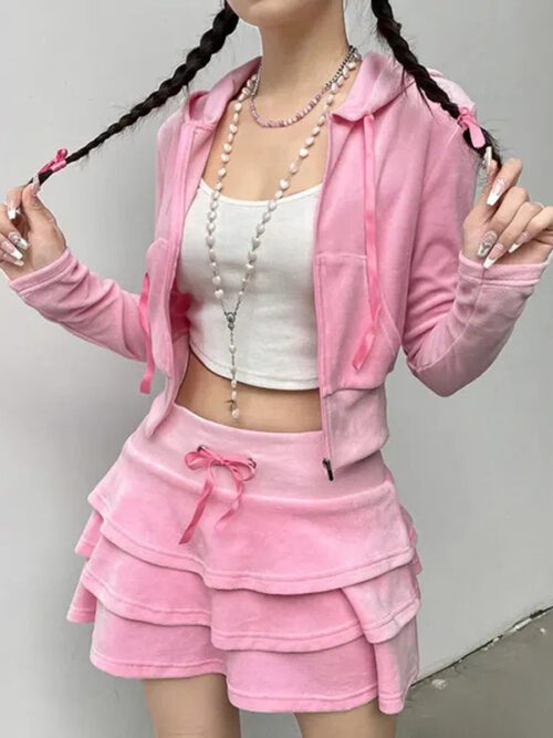 Pink Aesthetic Skirt & Hoodie Two Piece Set