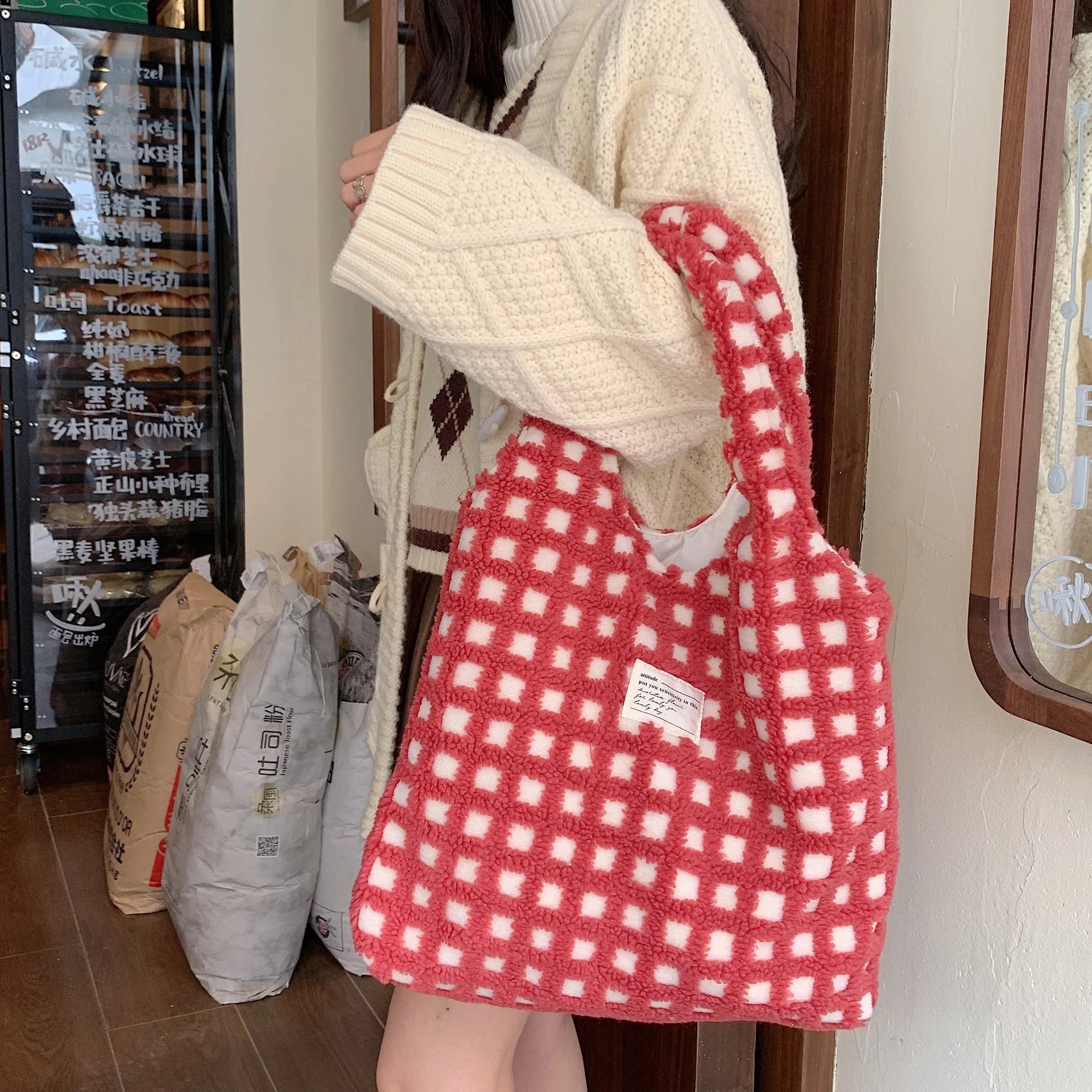 Plush Checkered Tote Bag - Image 10