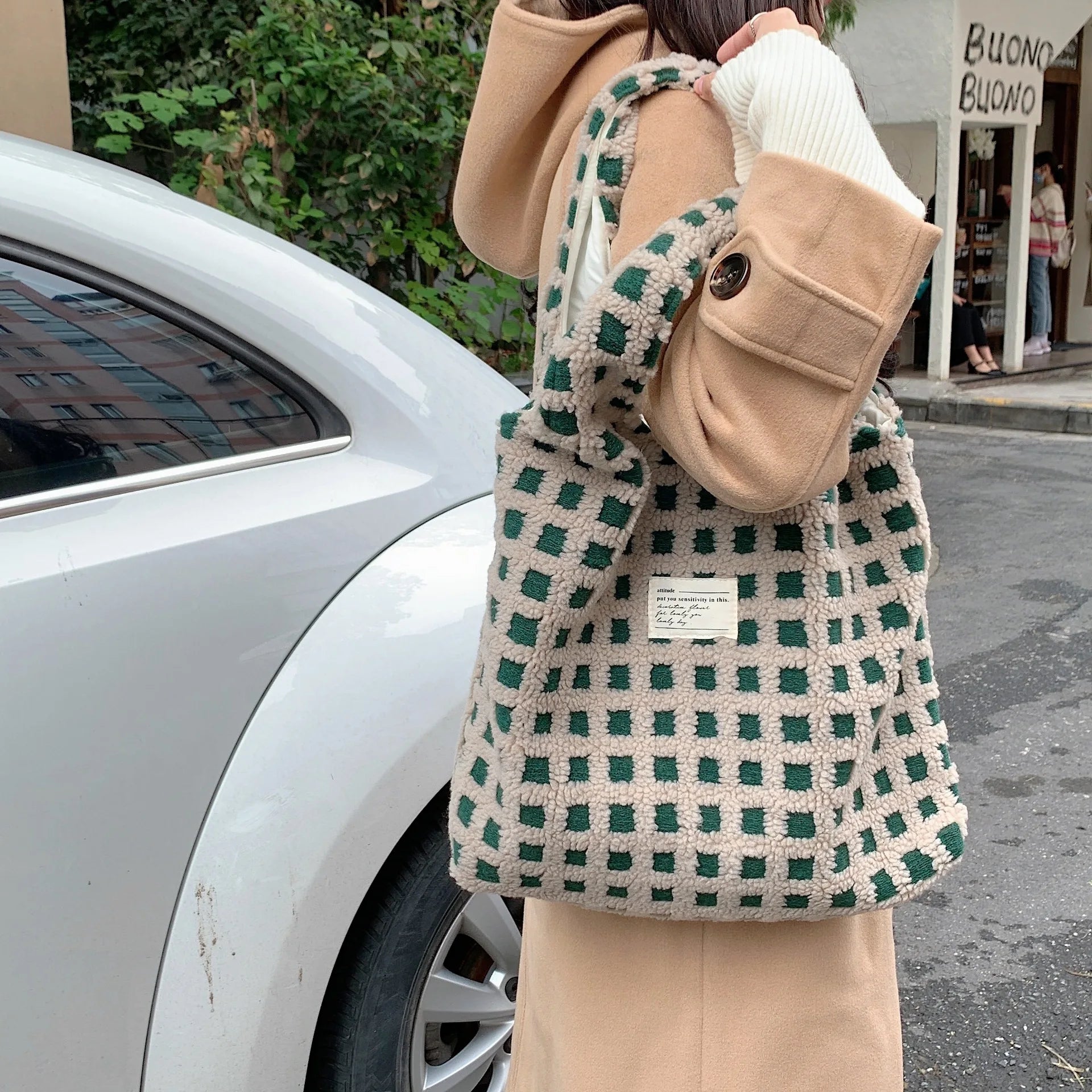 Plush Checkered Tote Bag - Image 5
