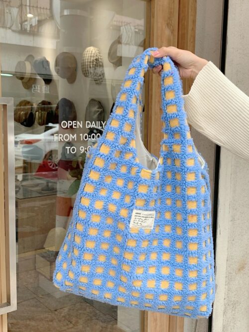 Plush Checkered Tote Bag