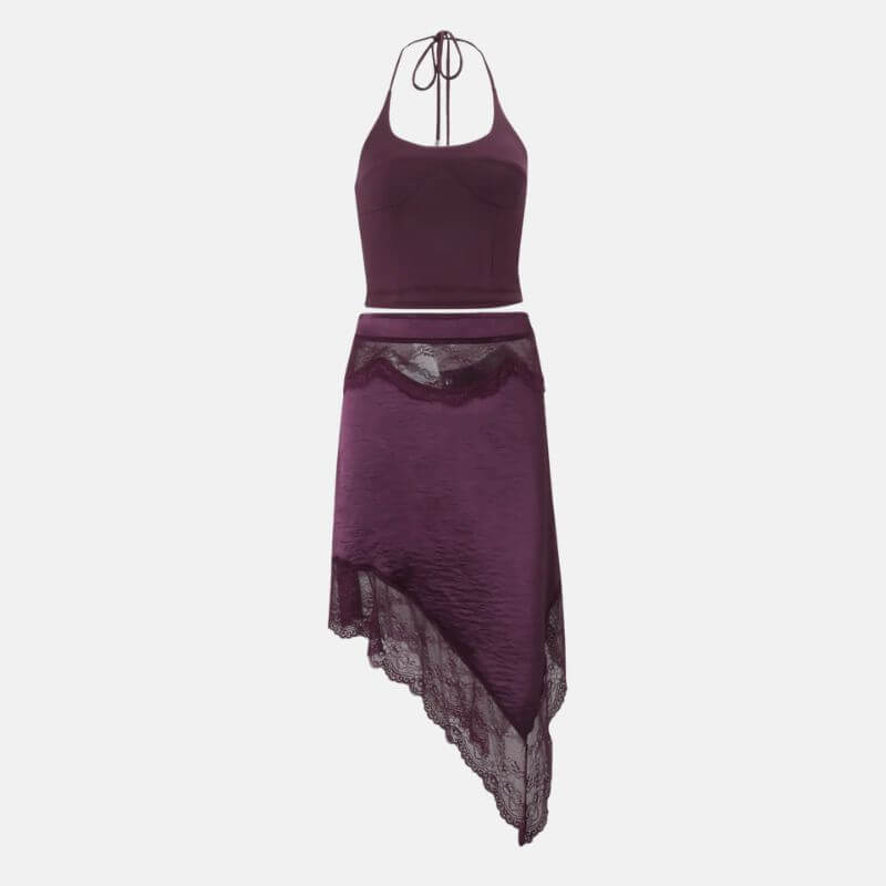 Satin Halter Top & Lace Skirt Two Piece Set - Image 5