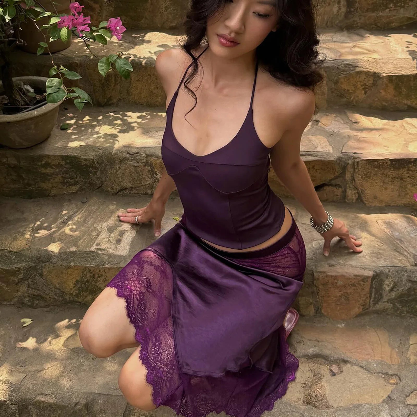 Satin Halter Top & Lace Skirt Two Piece Set