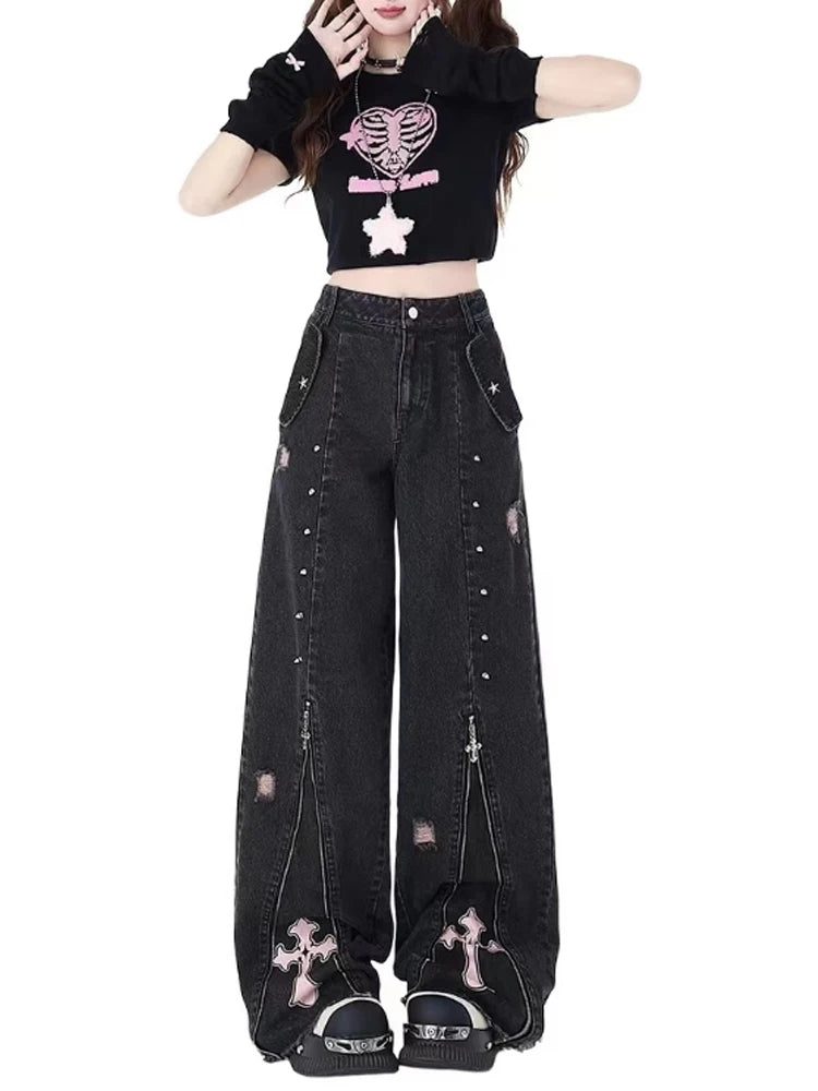 Y2K Grunge Cross Zip-Up Jeans - Image 3