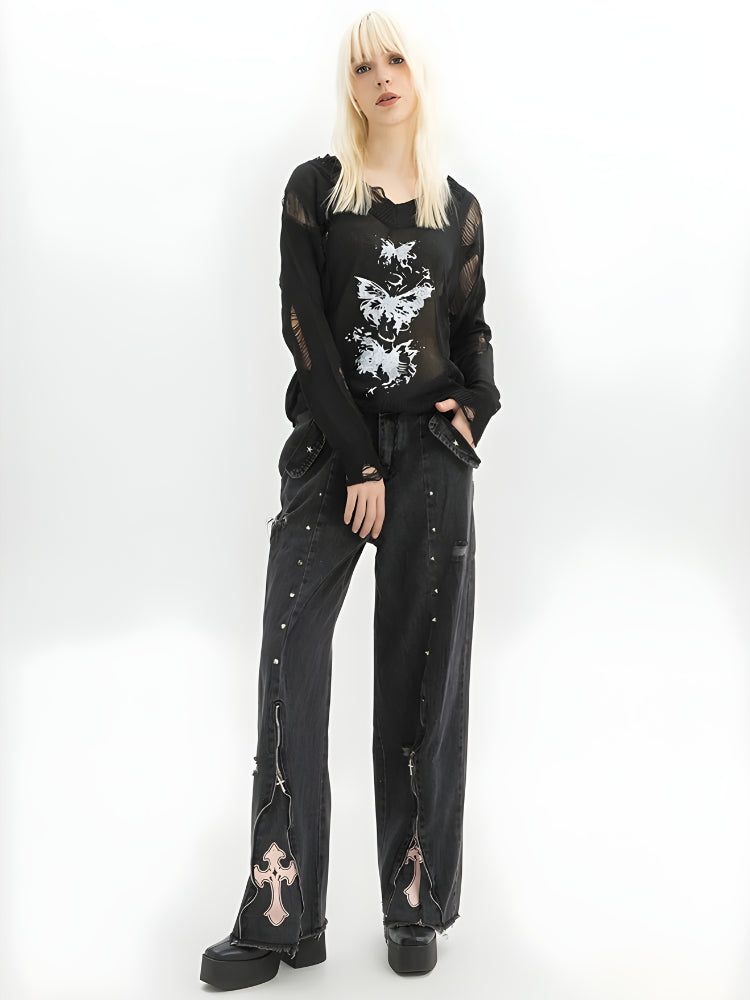 Y2K Grunge Cross Zip-Up Jeans - Image 4