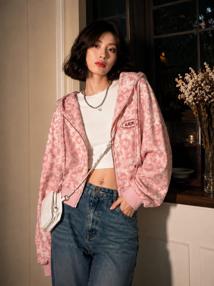 Y2K Pink Leopard Zip Hoodie - Image 3