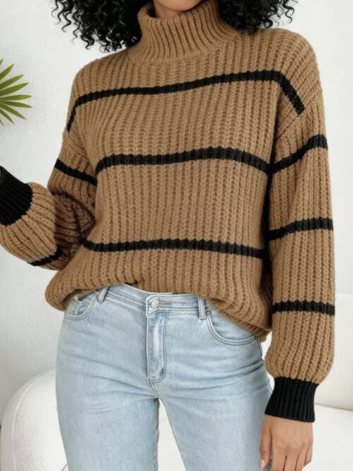 Contrast Stripe Turtleneck Relaxed Knit Sweater